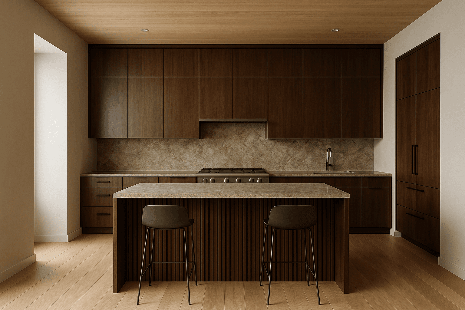 Modern kitchen featuring dark wood cabinetry and a central island with a light countertop. Warm, inviting atmosphere.