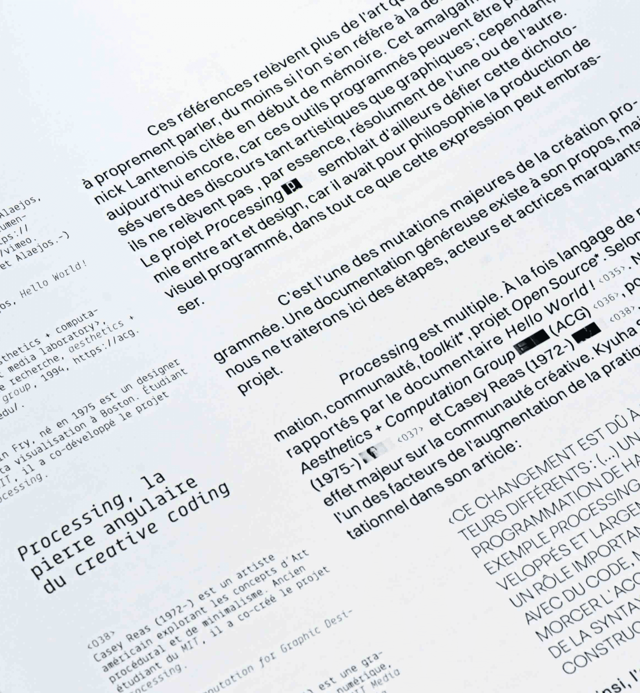 Editorial spread with dense black text, creative coding references, and varied type treatments on white background