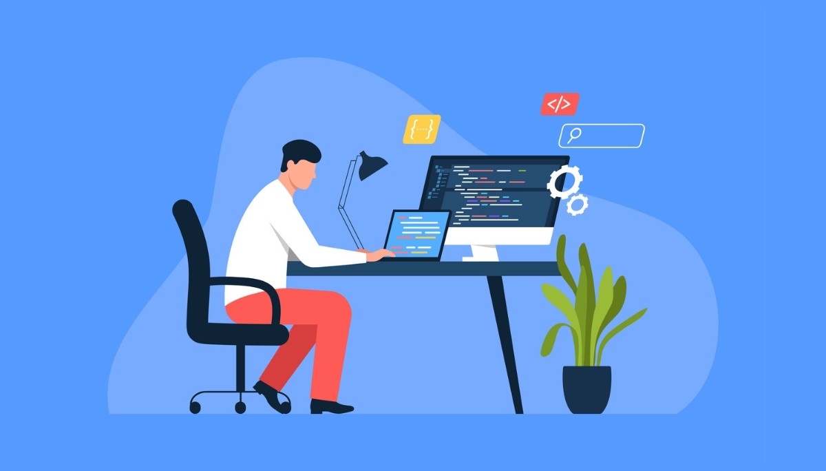 Illustration of a person surrounded by symbols like a question mark, light bulb, gears, and puzzle pieces.