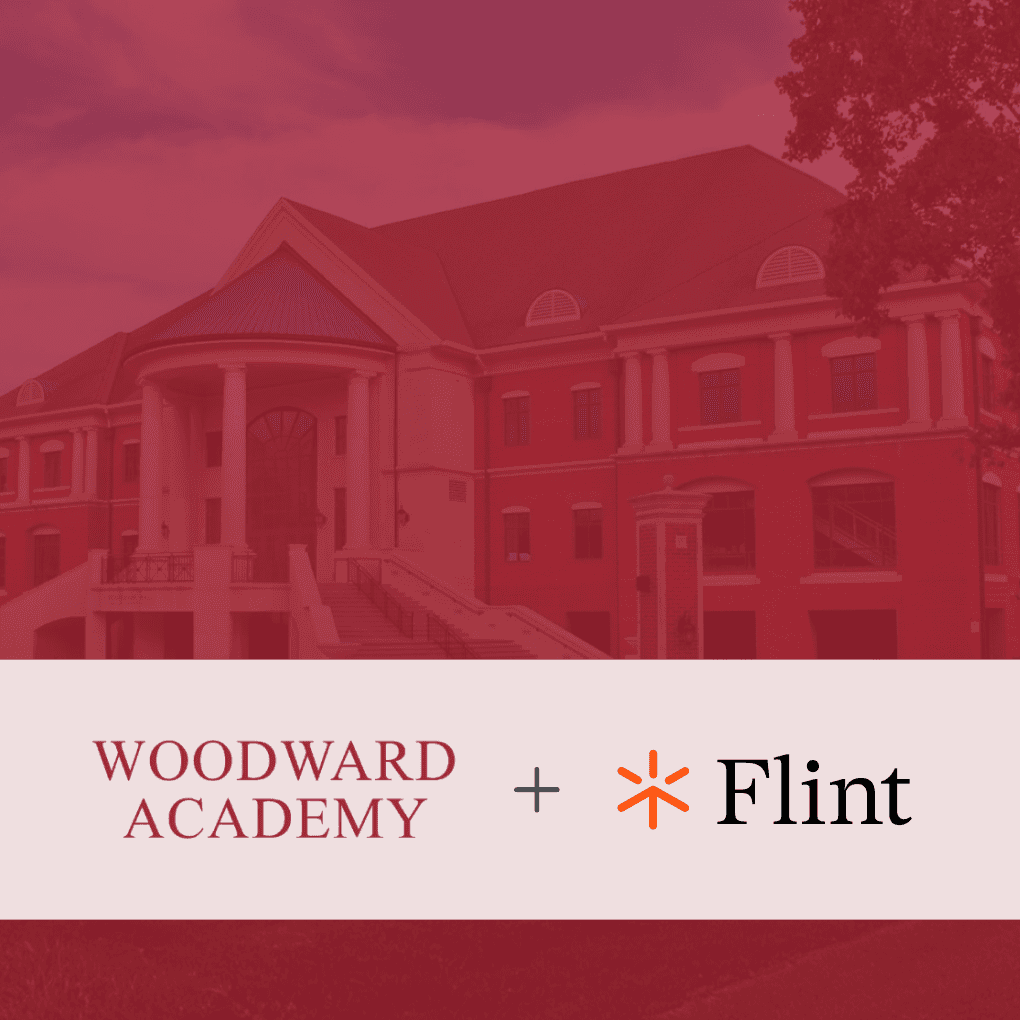 Woodward and Flint logos on red-tinted campus image from Woodward