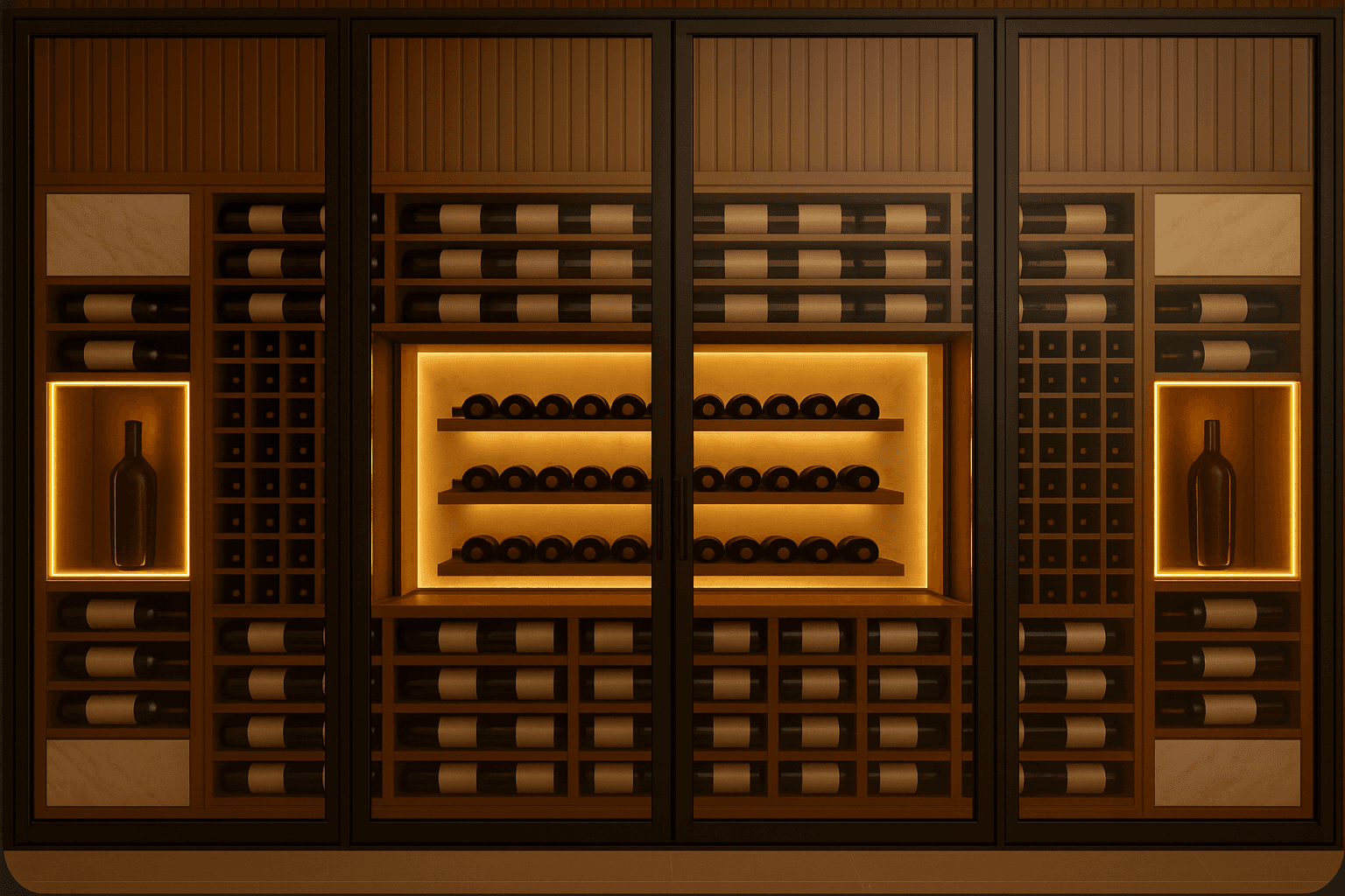 Custom wine cellar design rendering with metal cable racks and cabinets by Prestige Wine Cellars