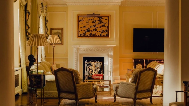  a palace room with a fireplace and armchairs