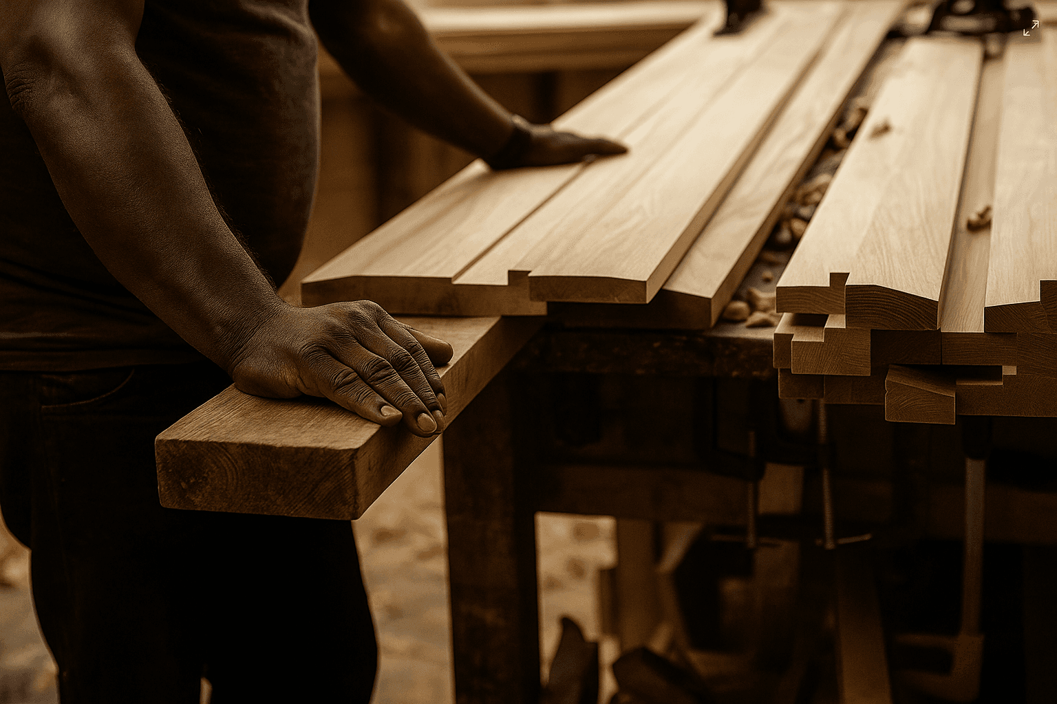 Une personne se tient debout près d'un établi, les mains posées sur des planches de bois lisses et emboîtées les unes dans les autres. La scène évoque le savoir-faire artisanal en Martinique et de la concentration.
