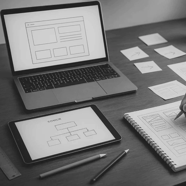 Computador com protótipo de interface sendo apresentado em ambiente criativo, simbolizando o design de experiências digitais.