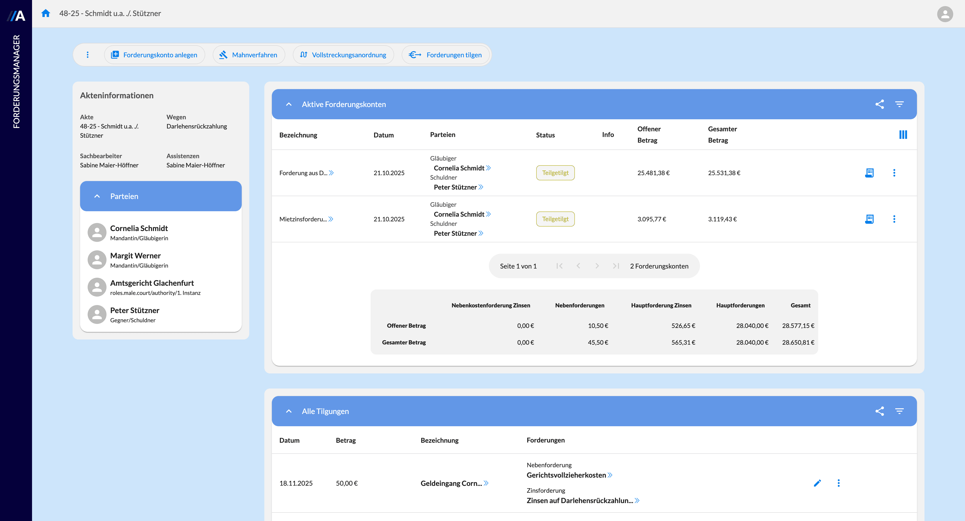 Dashboard des Forderungsmanagers mit Akteninformationen sowie Parteien: Mandant, Gegner & Gericht. Aktive Forderungskonten sind aufgelistet und Teiltilgungen auf Haupt-sowie Zinsforderungen.