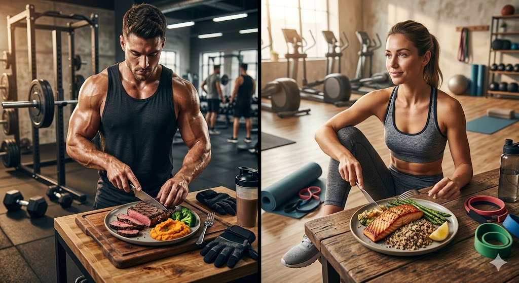 A split-screen dynamic photograph comparing post-workout nutrition: A male bodybuilder prepares a steak meal (emphasizing power and growth), while a female fitness athlete stretches while eating a salmon meal (emphasizing recovery and soreness relief) in a modern gym environment.