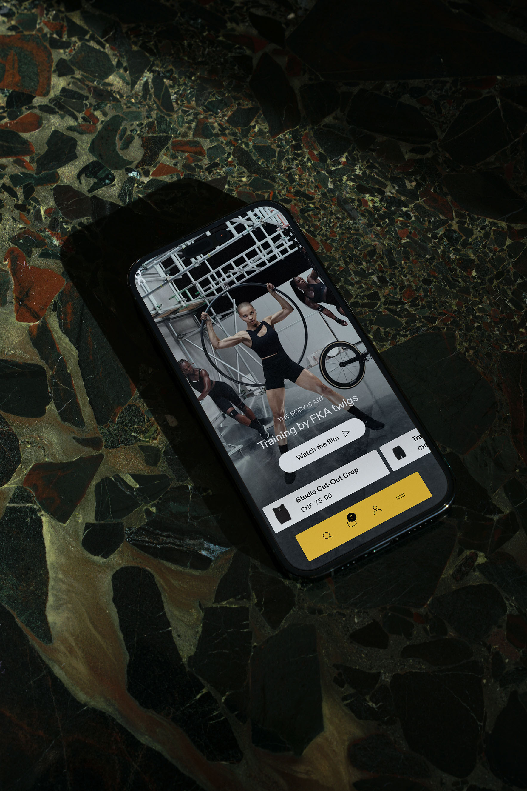 High-contrast black and white editorial visuals of FKA twigs for the On capsule collection campaign, demonstrating the creative studio’s mastery of minimalist graphic design and premium branding strategy.