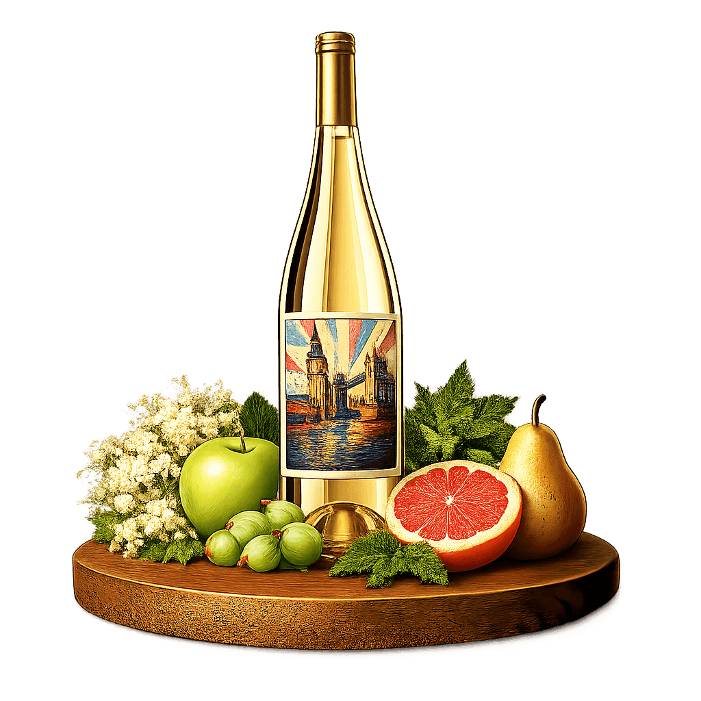 Artistic label and flavor profile for English White Blend on a rustic wooden table.