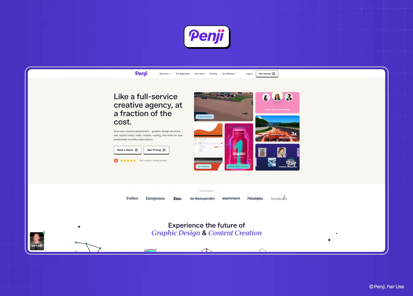 Homepage of Penji promoting unlimited graphic design and content creation through a subscription-based creative service.