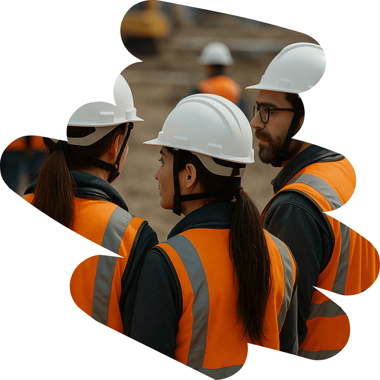 Trois professionnels en casque et gilet haute visibilité observant un chantier
