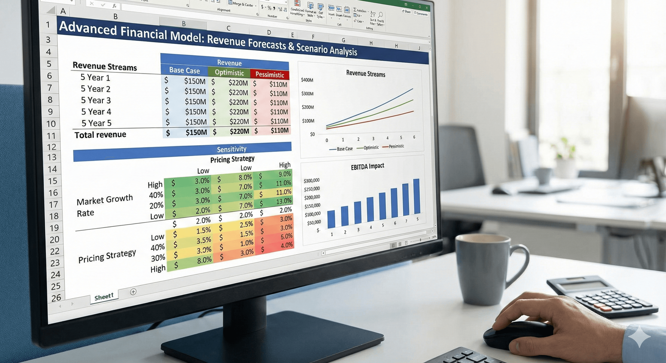 Advanced financial modeling showing revenue forecasts and scenario analysis.
