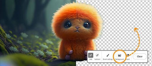 AI-generated image of a small, orange fictitious fluffy animal. The background is split in greenery on the left side, and a gray and white design background on the right.