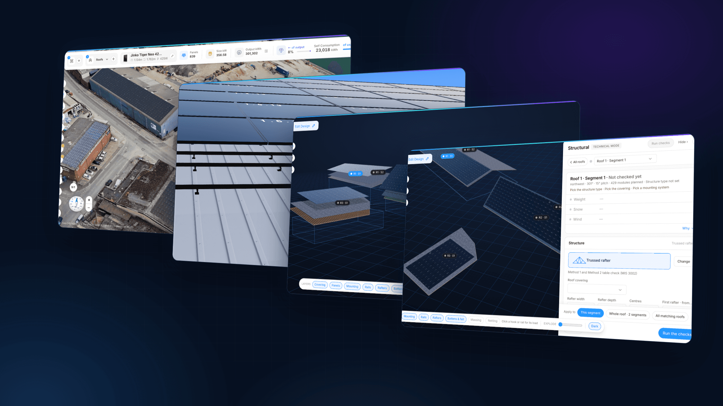 Four Zervio Eco screens in cascade: 3D site model, mounting rails, exploded roof layers and the structural panel with MIS 3002 checks