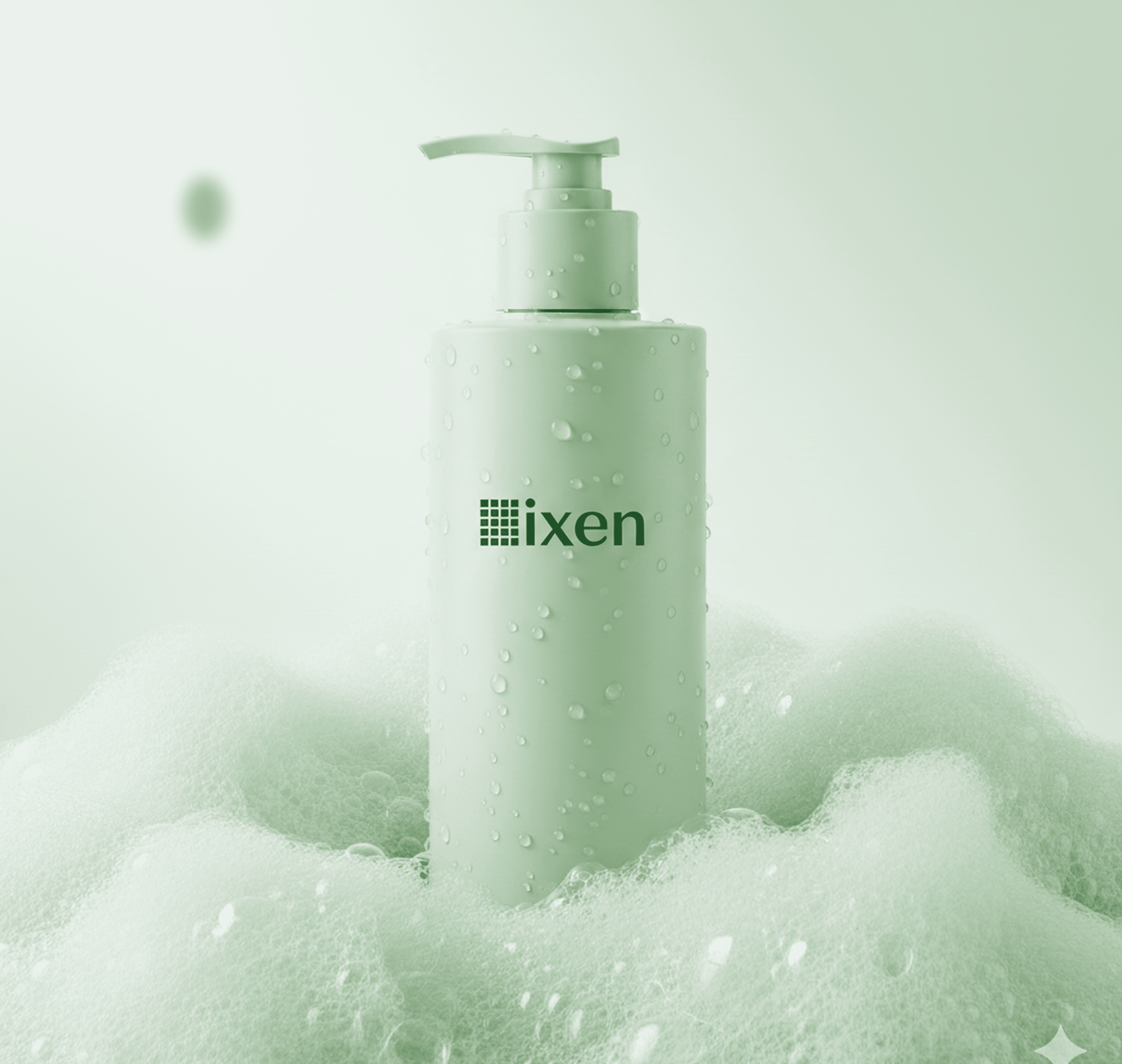 Green pump bottle with water drops in foam