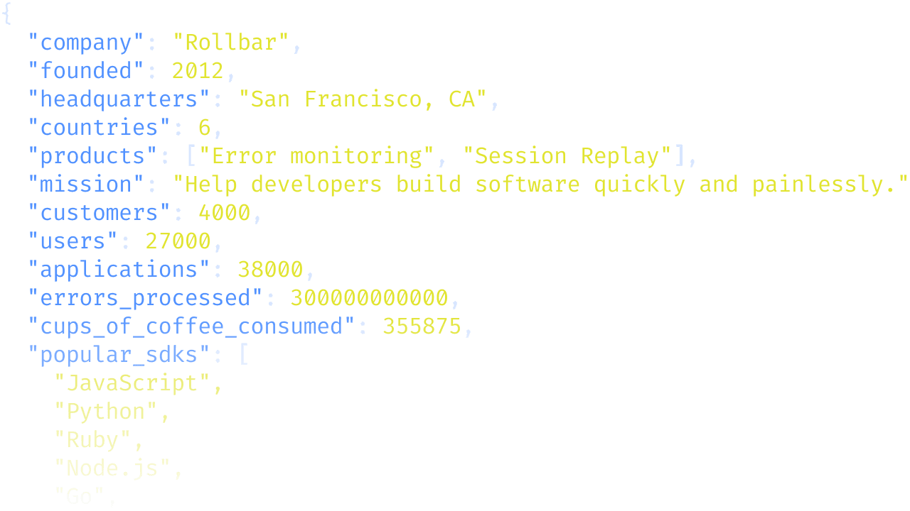 Facts about Rollbar, styled as key-value pairs in a code environment.