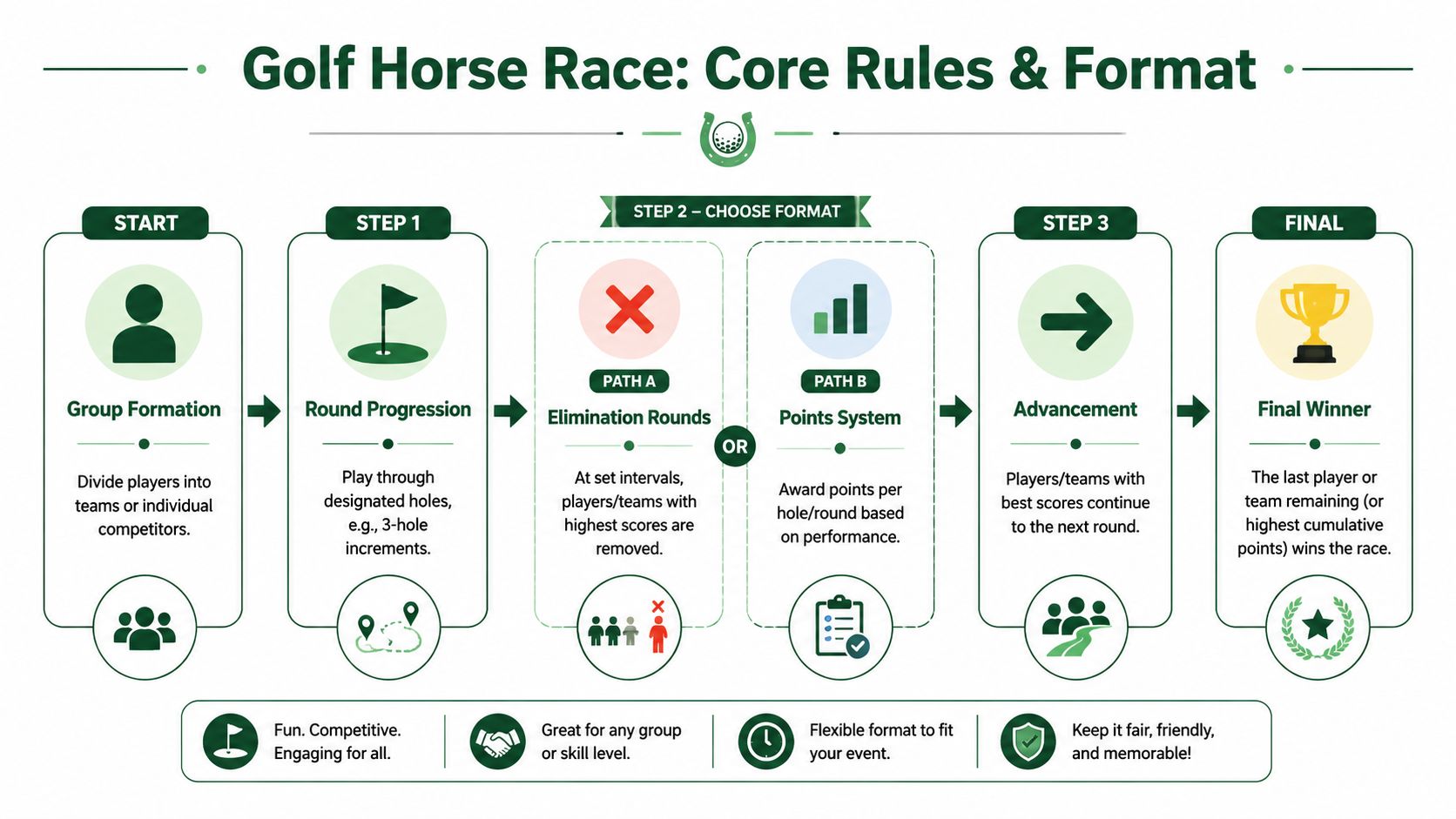 A visual guide outlining the rules and format for organizing a fun and competitive golf horse race.