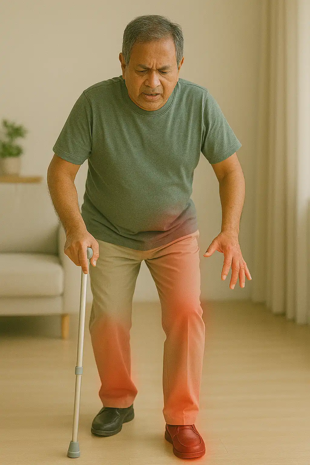 Elderly man with hip and leg weakness walking with a cane, showing symptoms of balance and fall-risk issues.