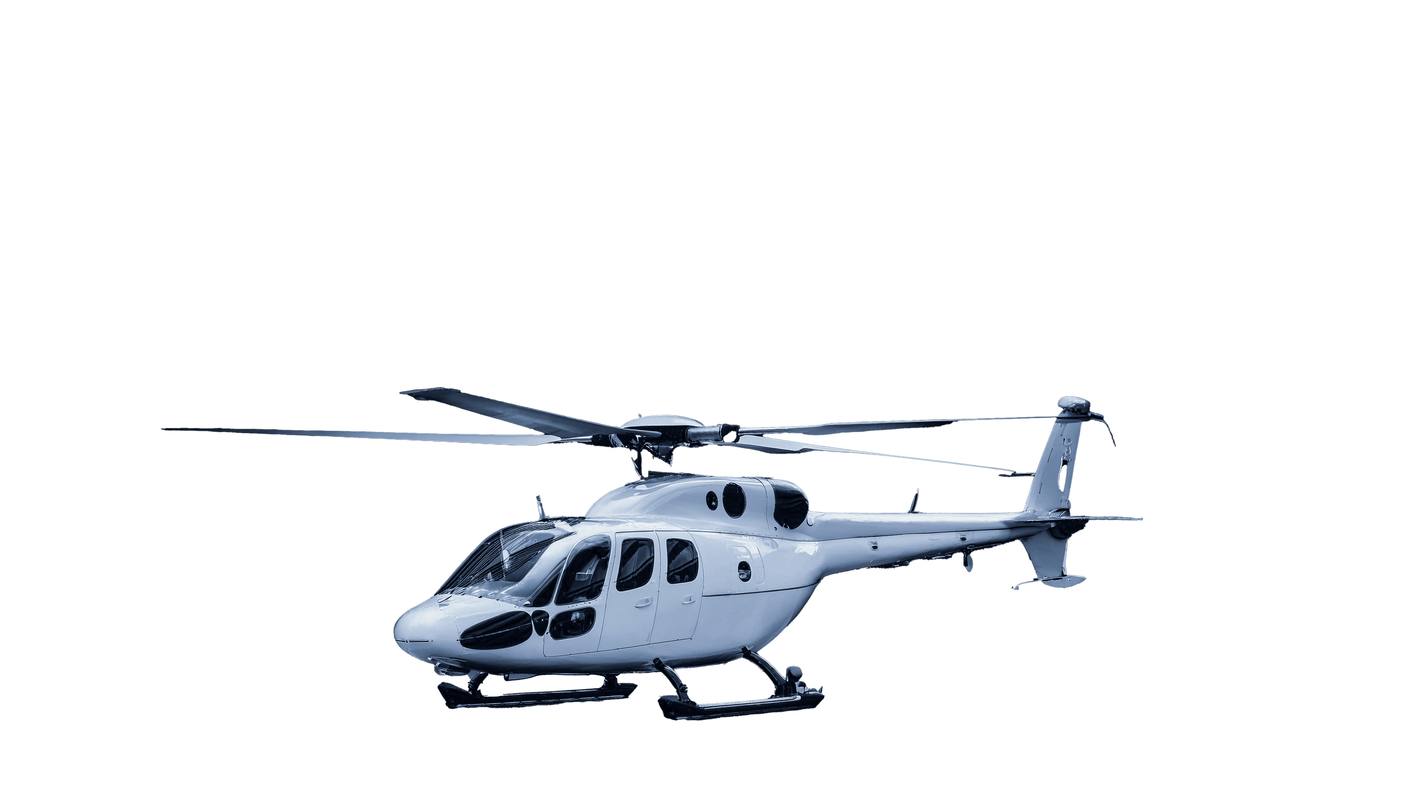 Weißer Hubschrauber mit sichtbaren Rotoren und Cockpit