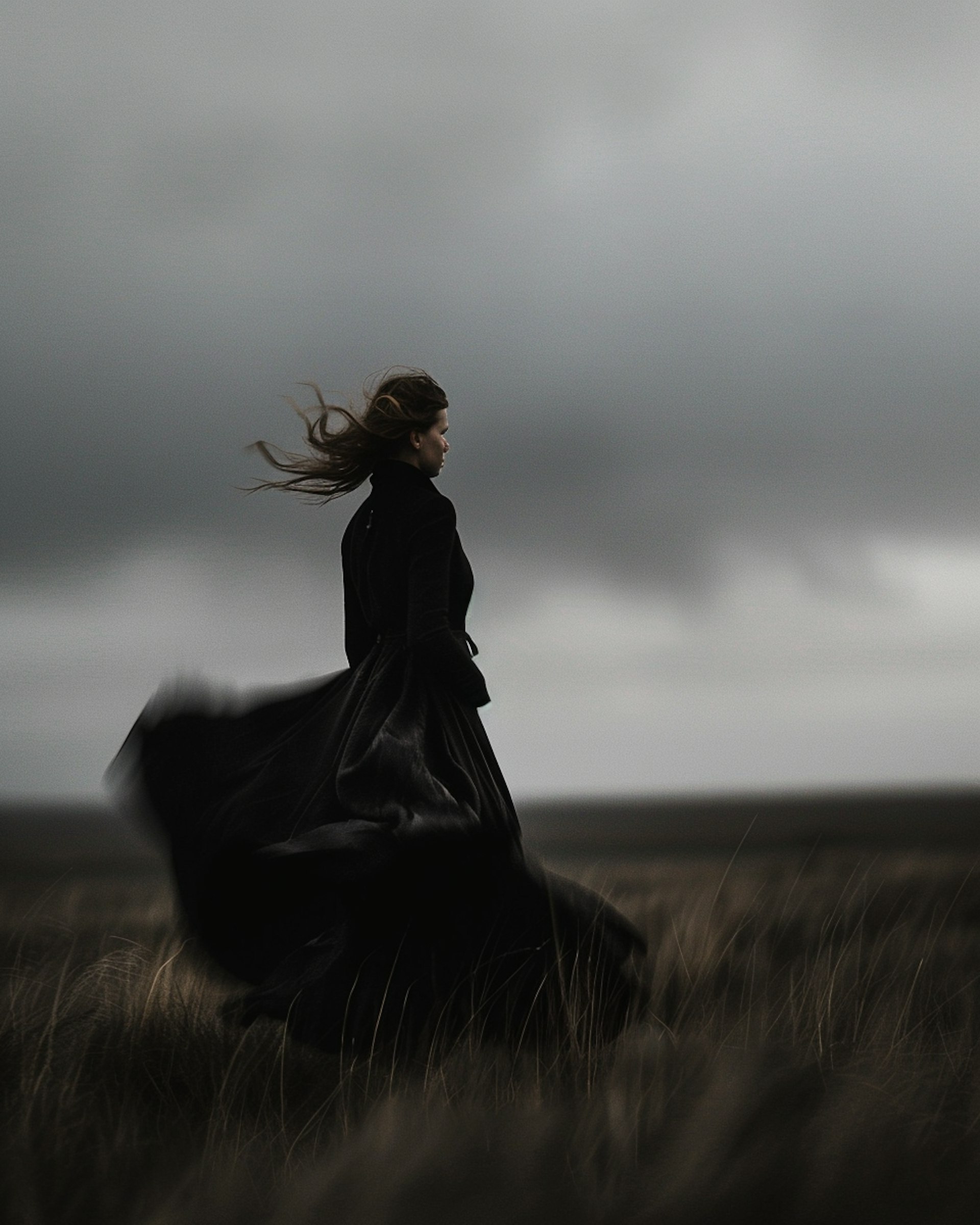 woman in black dress moving in meadow