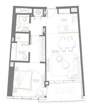 Floor plan of an apartment in Palm Beach Tower 2, detailing room layout and dimensions.