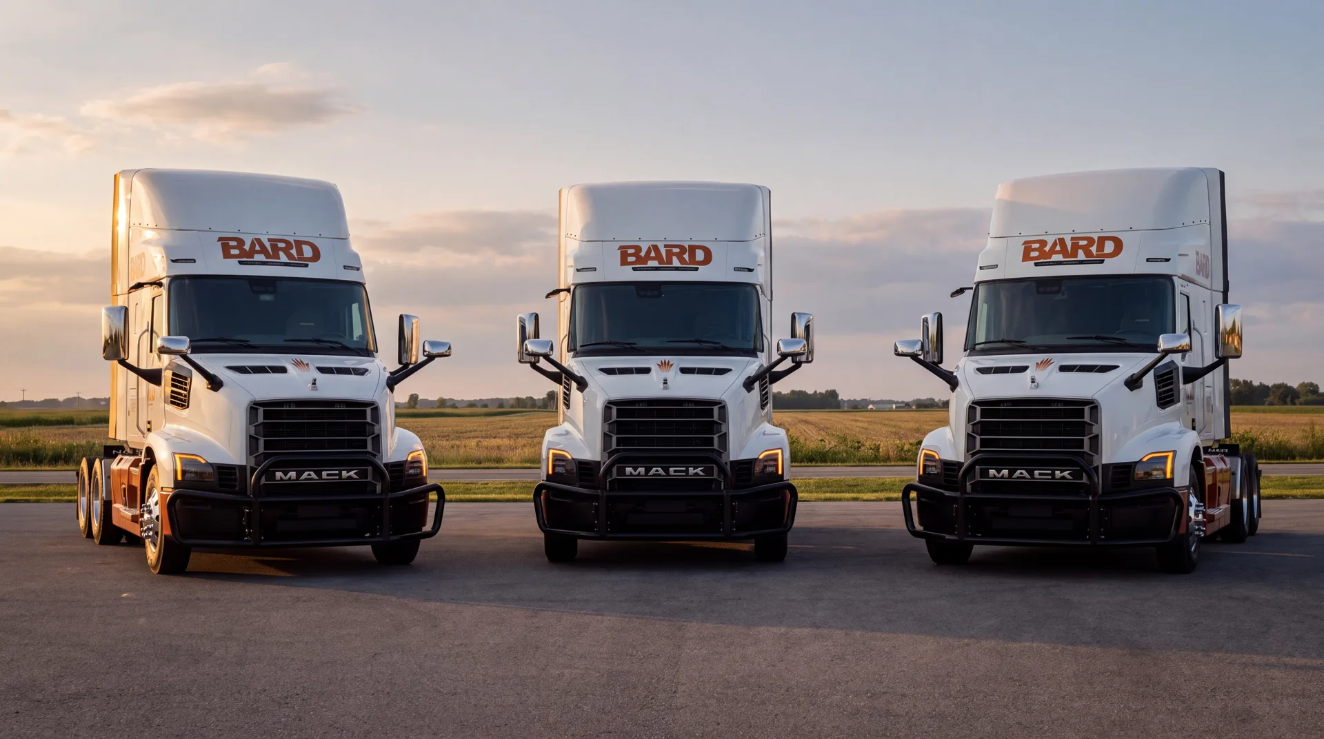 Three white Ned Bard Mack Anthem tractors parked side by side