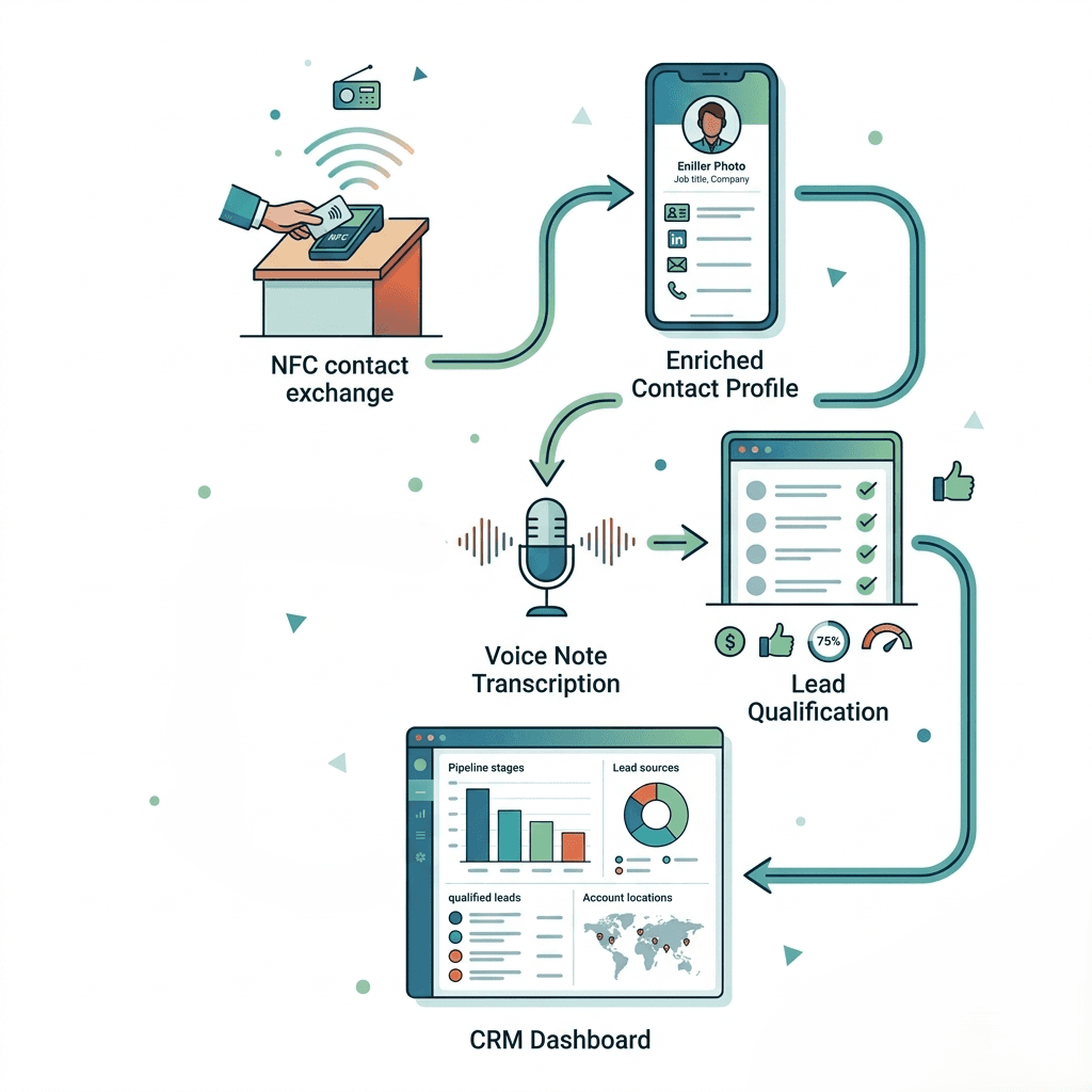 Habsy lead capture workflow showing an NFC contact exchange progressing through contact enrichment, voice note transcription, lead qualification, and CRM synchronization to support faster sales follow-up and conversion.