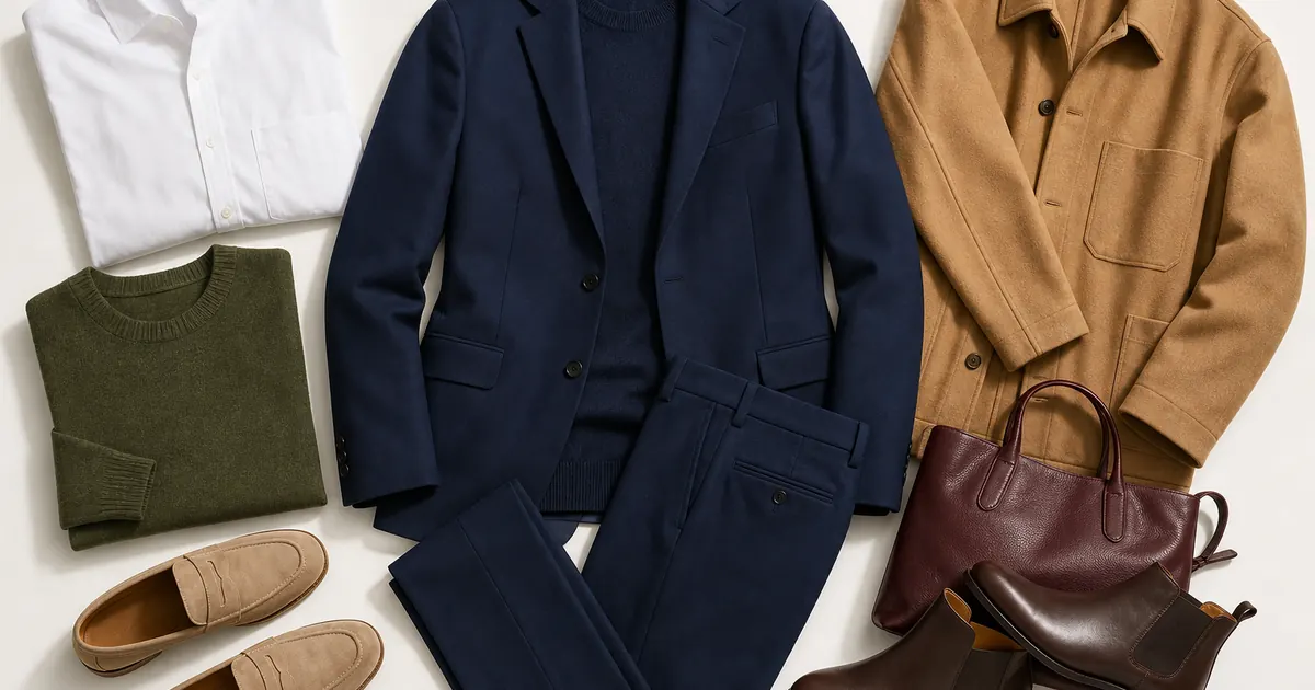 Navy blue clothing arranged with white, camel, olive, and burgundy outfit pieces