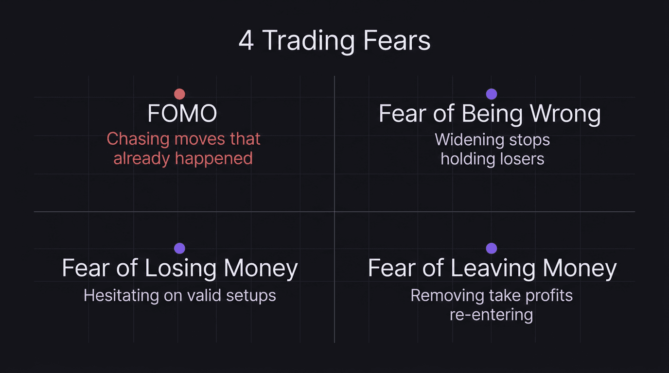 Four trading fears quadrant diagram showing FOMO, fear of being wrong, fear of losing money, and fear of leaving money on the table