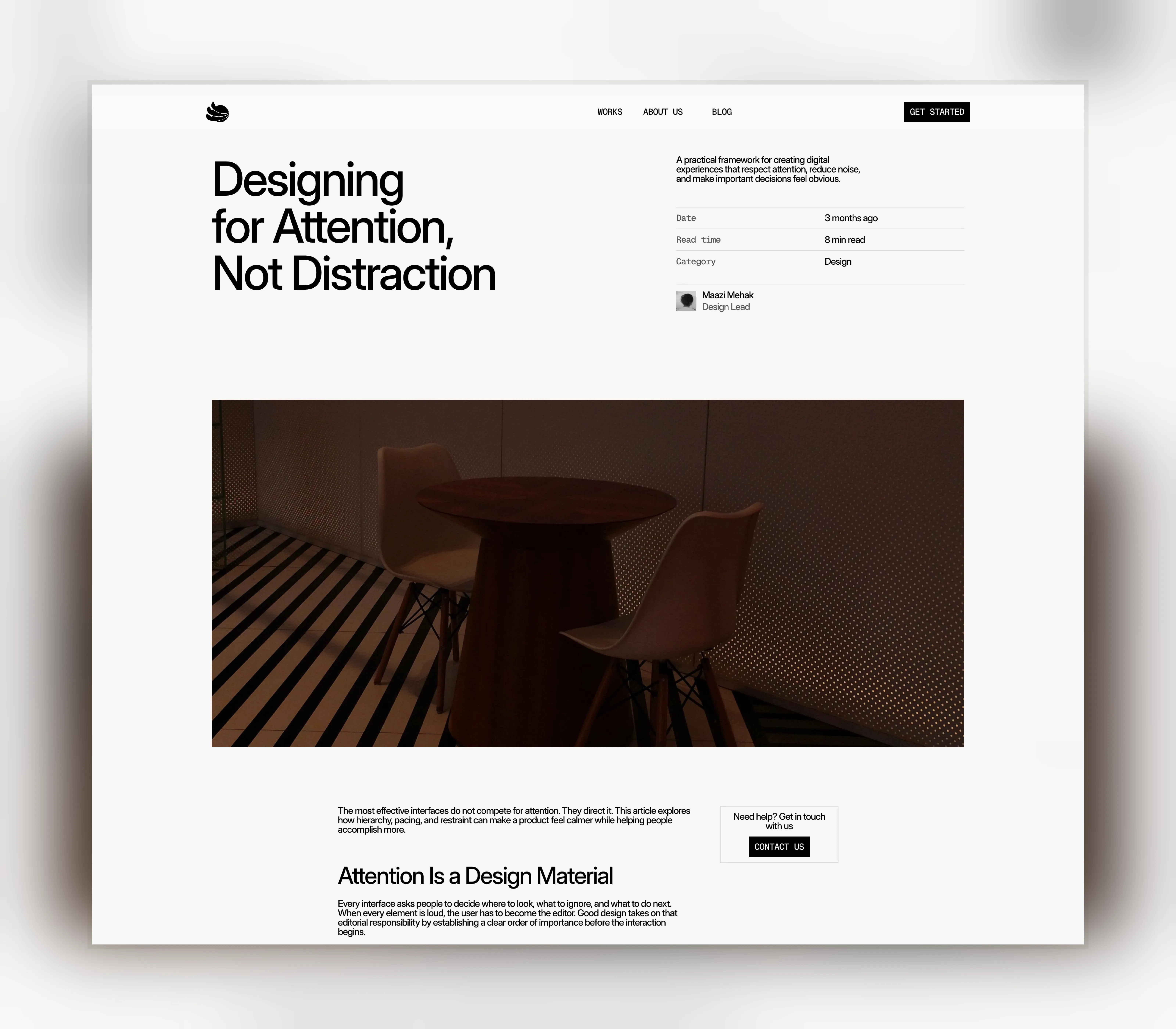 Minimal creative agency blog detail page with bold typography, featured image, and editorial content.