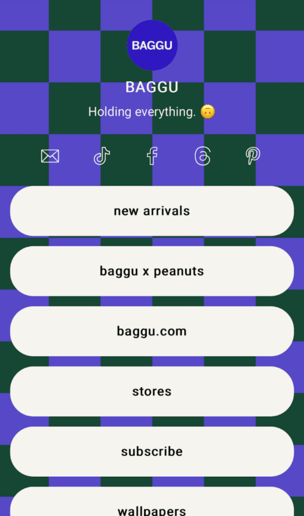 @BAGGU's Later landing page showcasing their different links.