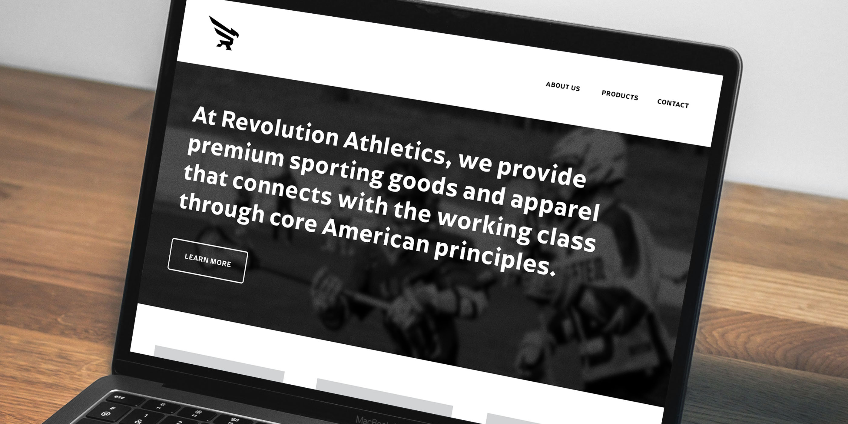 Responsive website design for Revolution Athletics shown on a laptop, featuring the brand's core mission statement and premium imagery.