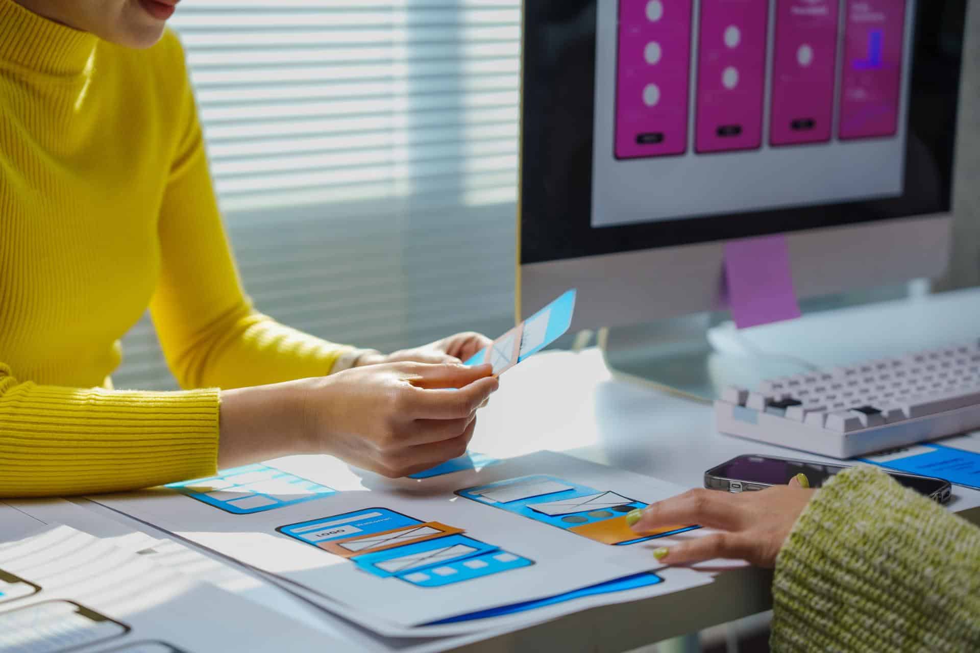 User experience designers collaborating on creating a new mobile app interface for smartphones