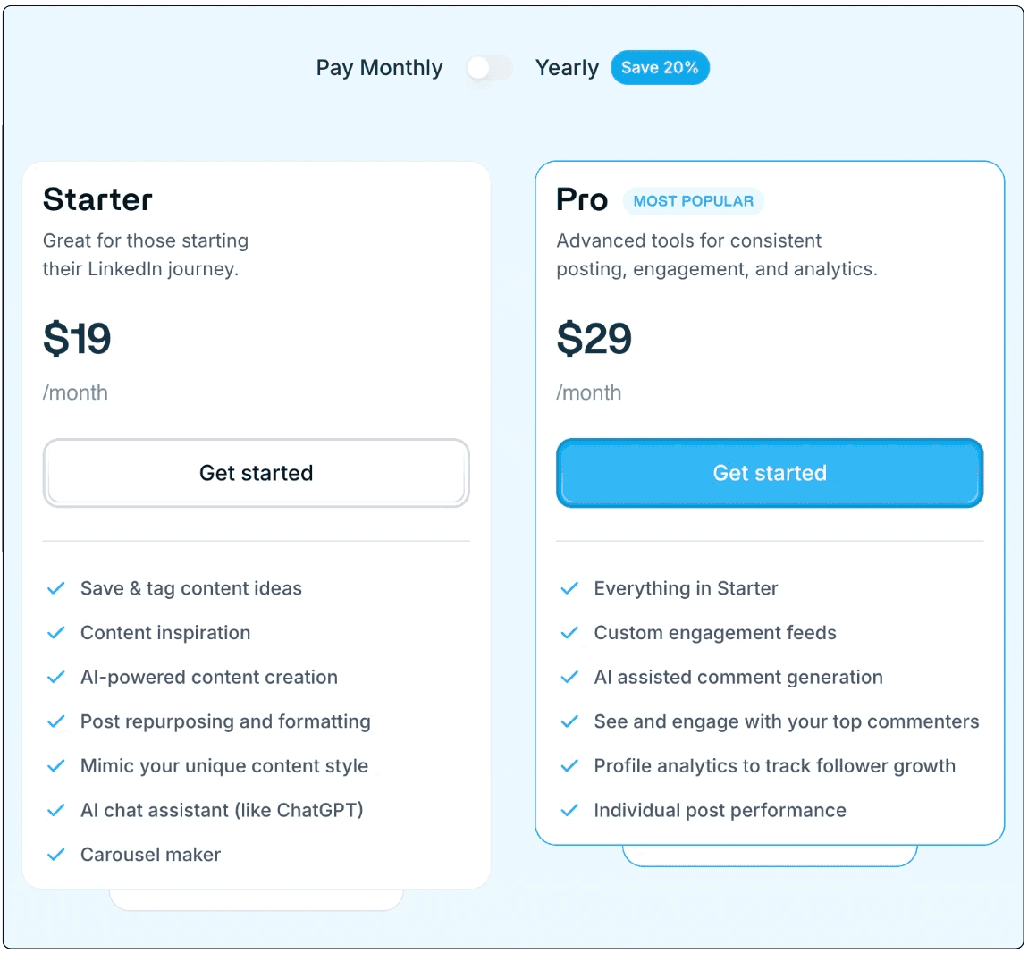 Supergrow pricing plans comparison table showing Starter, Pro, and Agency tiers with monthly word limits and feature access
