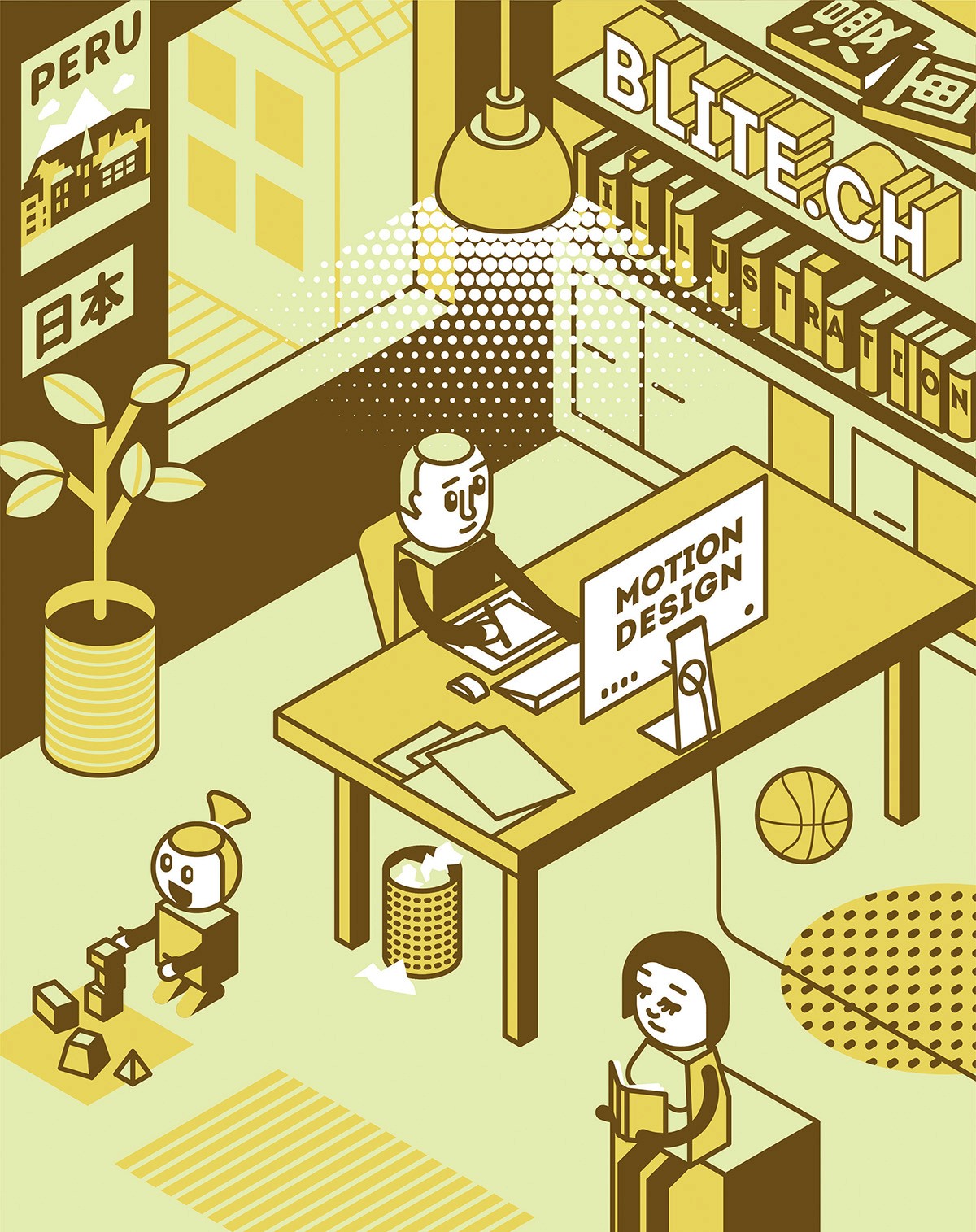 Isometric self portrait. Sitting at a table working on the computer with a bookshelf in the picture as well and the daughter playing beside the table.