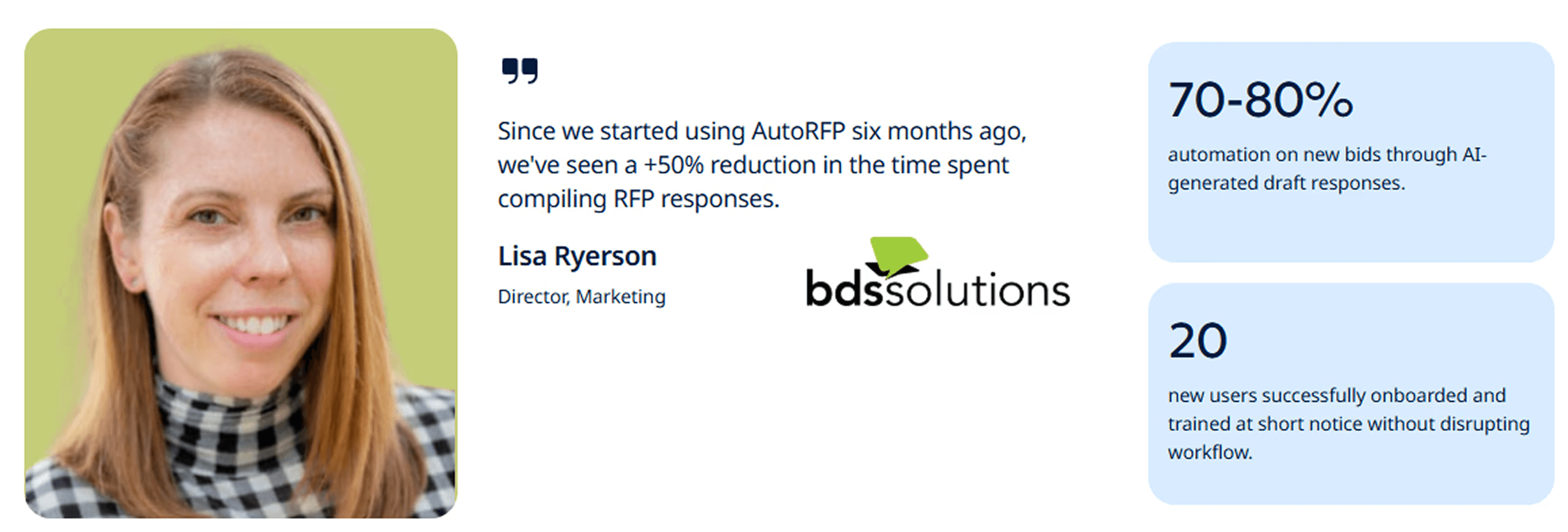 Customer quote from Lisa Ryerson on cutting RFP time with AutoRFP.ai.