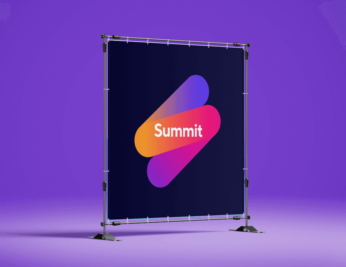 A dark blue event banner featuring the Summit logo against a light purple background