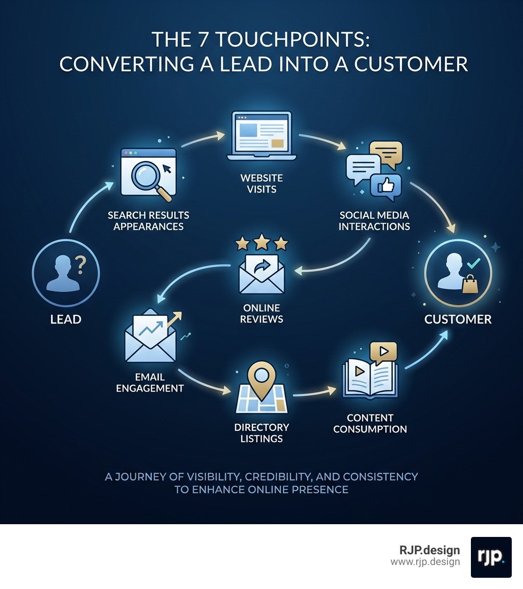 Infographic showing the seven touchpoints needed to convert a lead into a customer, including website visits, social media interactions, online reviews, email engagement, search results appearances, directory listings, and content consumption - enhance online presence infographic 