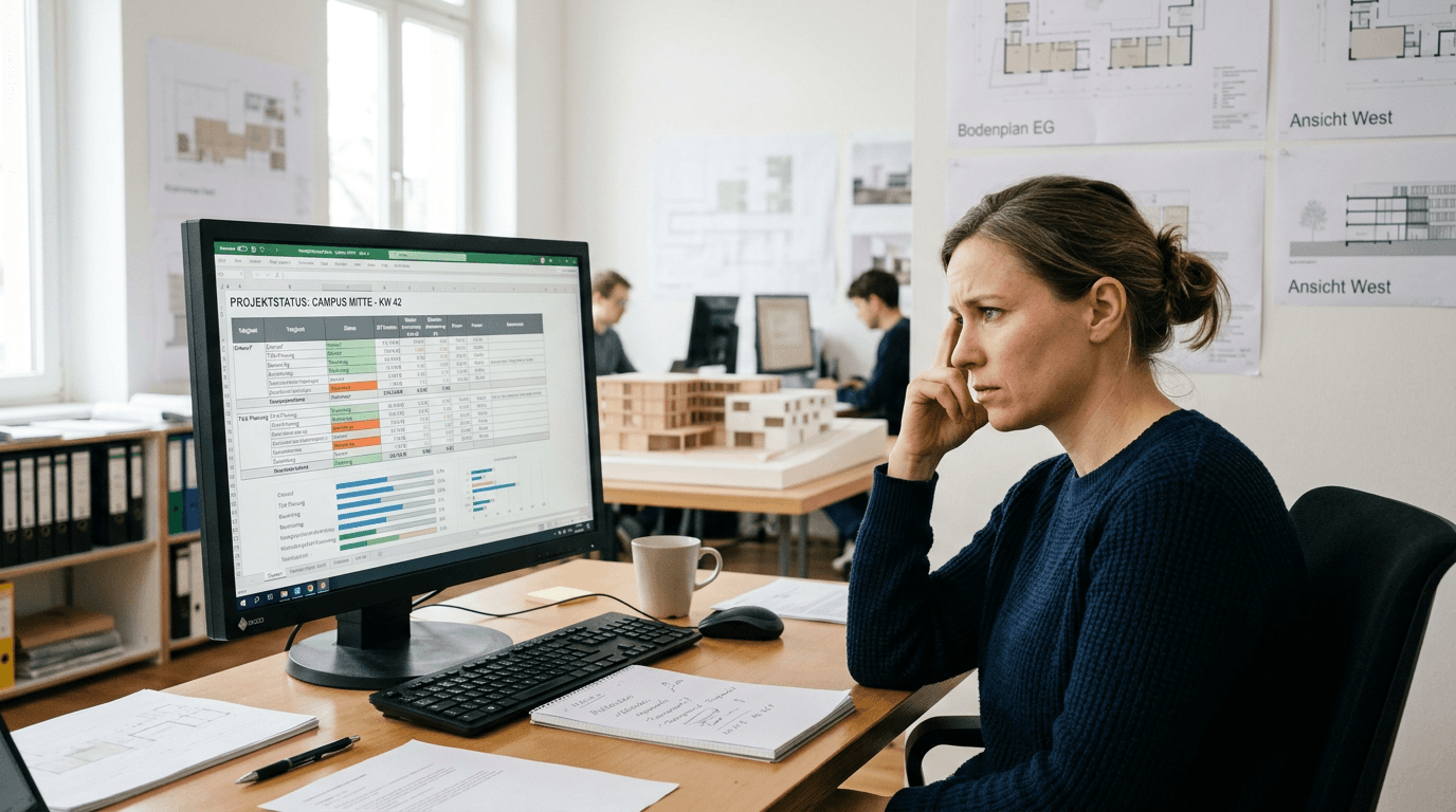 Projektleiter/in sitzt nachdenklich vor einem Bildschirm in einem modernen Architekturbüro, im Hintergrund sind Pläne zu sehen. Der Blick ist auf eine Tabelle gerichtet, die das Fehlen von Transparenz andeutet.