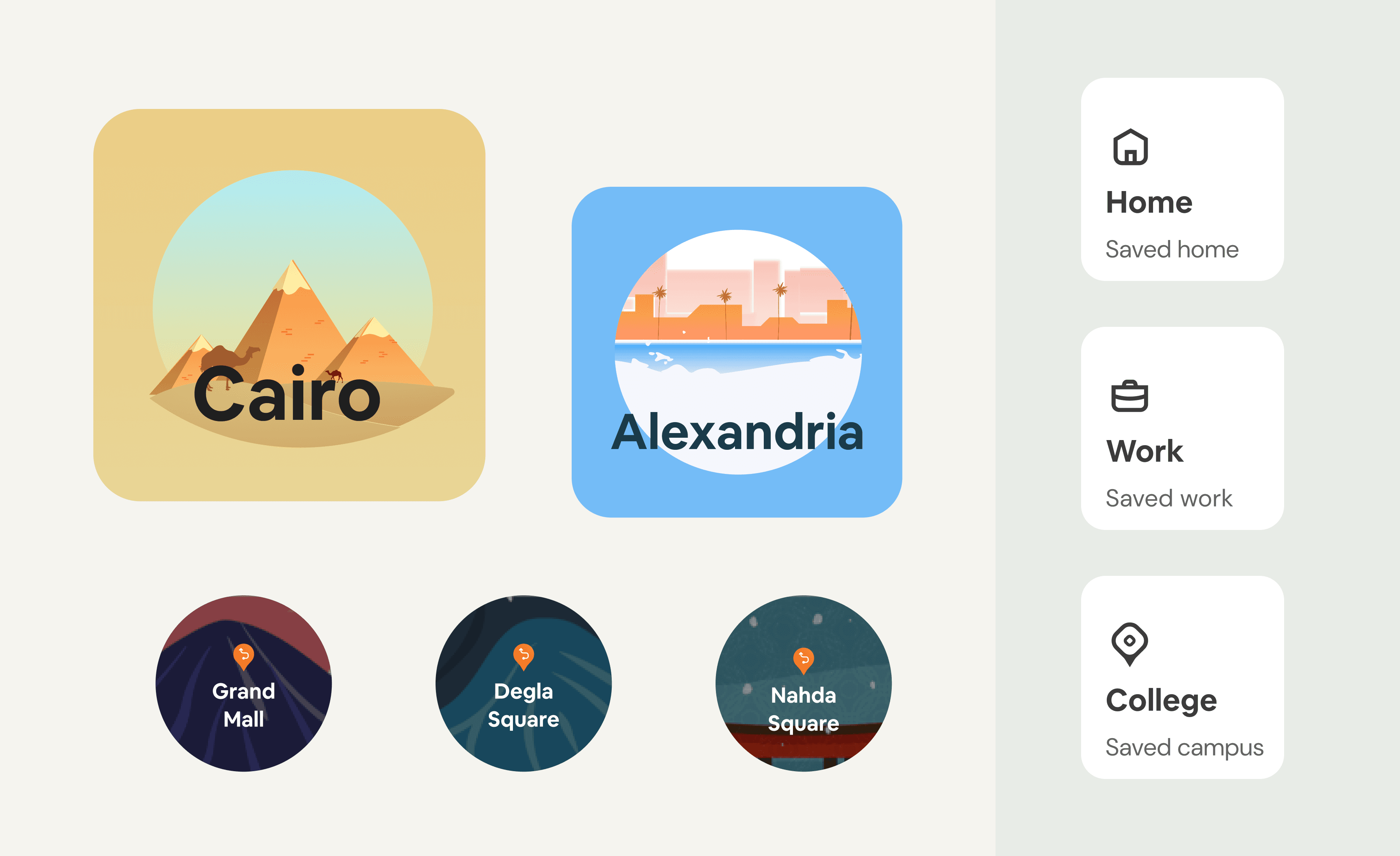 Illustrated city icons, station badges and saved places