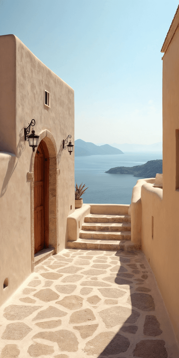 Sunlit Mediterranean alley with stone steps leading to a sea view between whitewashed buildings