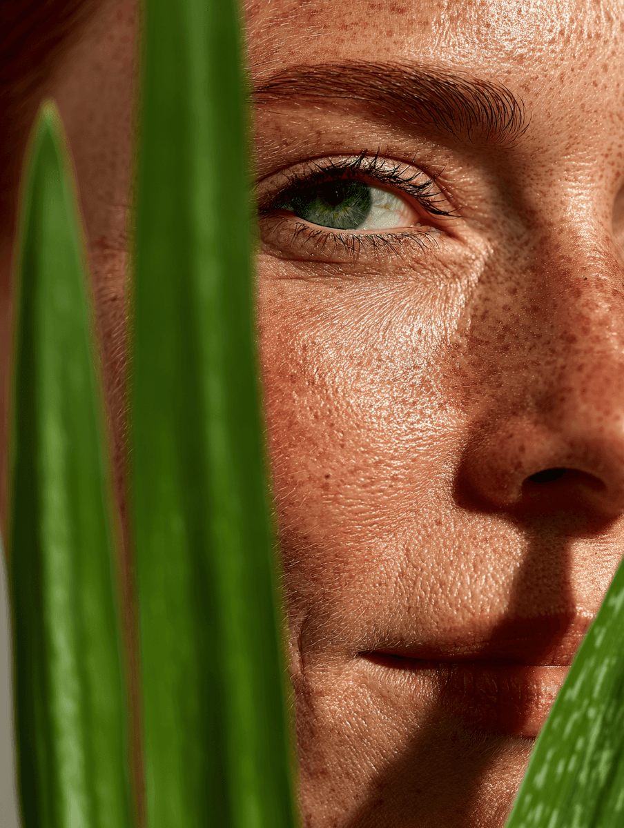 Close-up of a face with green eyes and freckles, partially obscured by long green leaves. The image conveys a natural and serene mood.