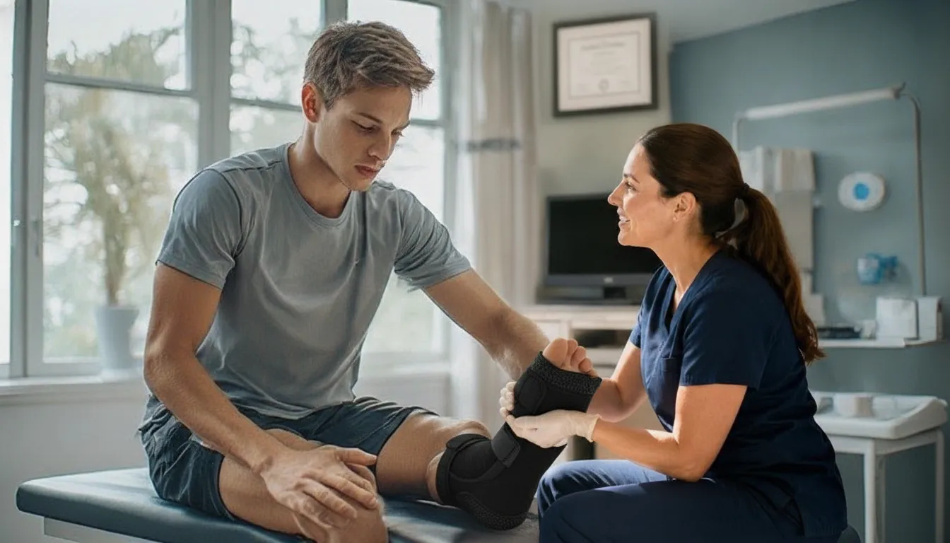 A podiatrist gently fitting an ankle support brace on a patient's lower leg in a bright clinic office
