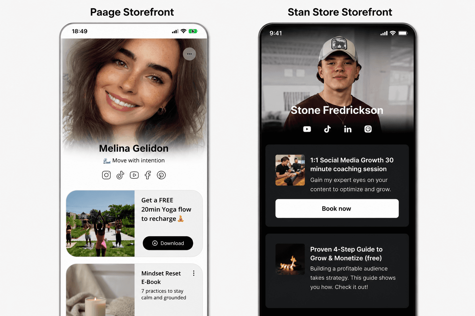 Side-by-side comparison of the Paage and Stan Store link-in-bio storefronts