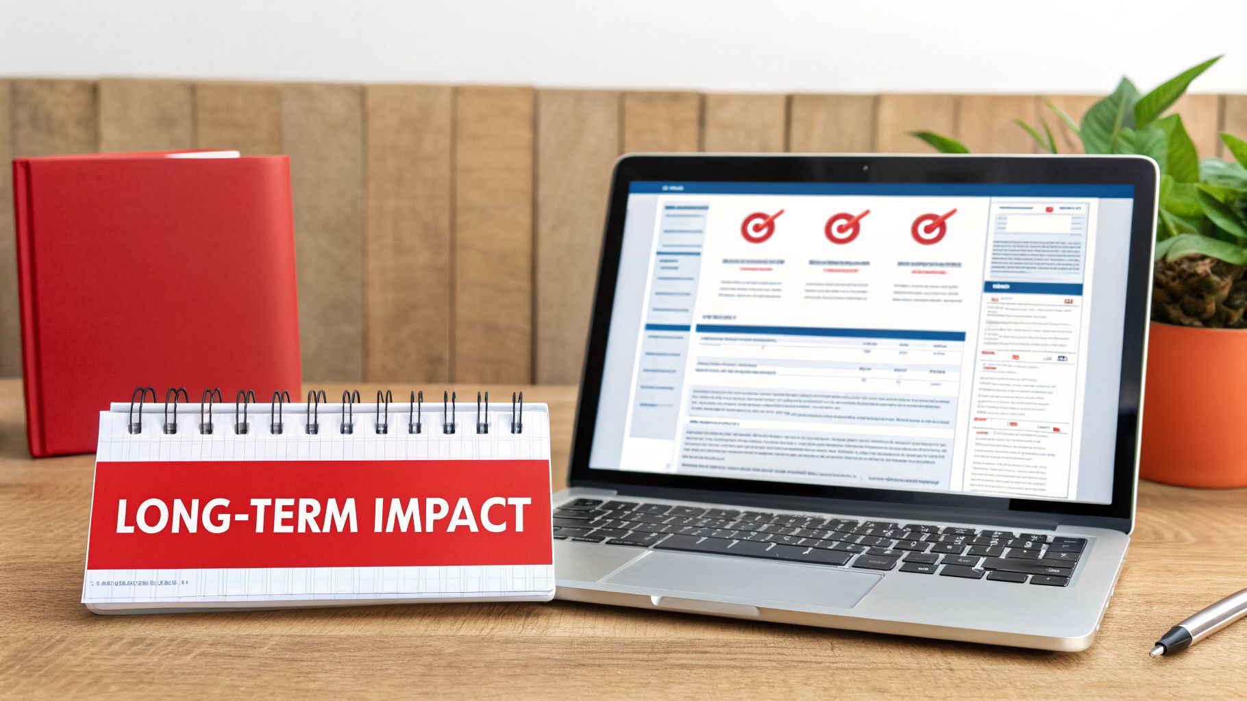 A desk with a laptop, a red notebook, a calendar displaying