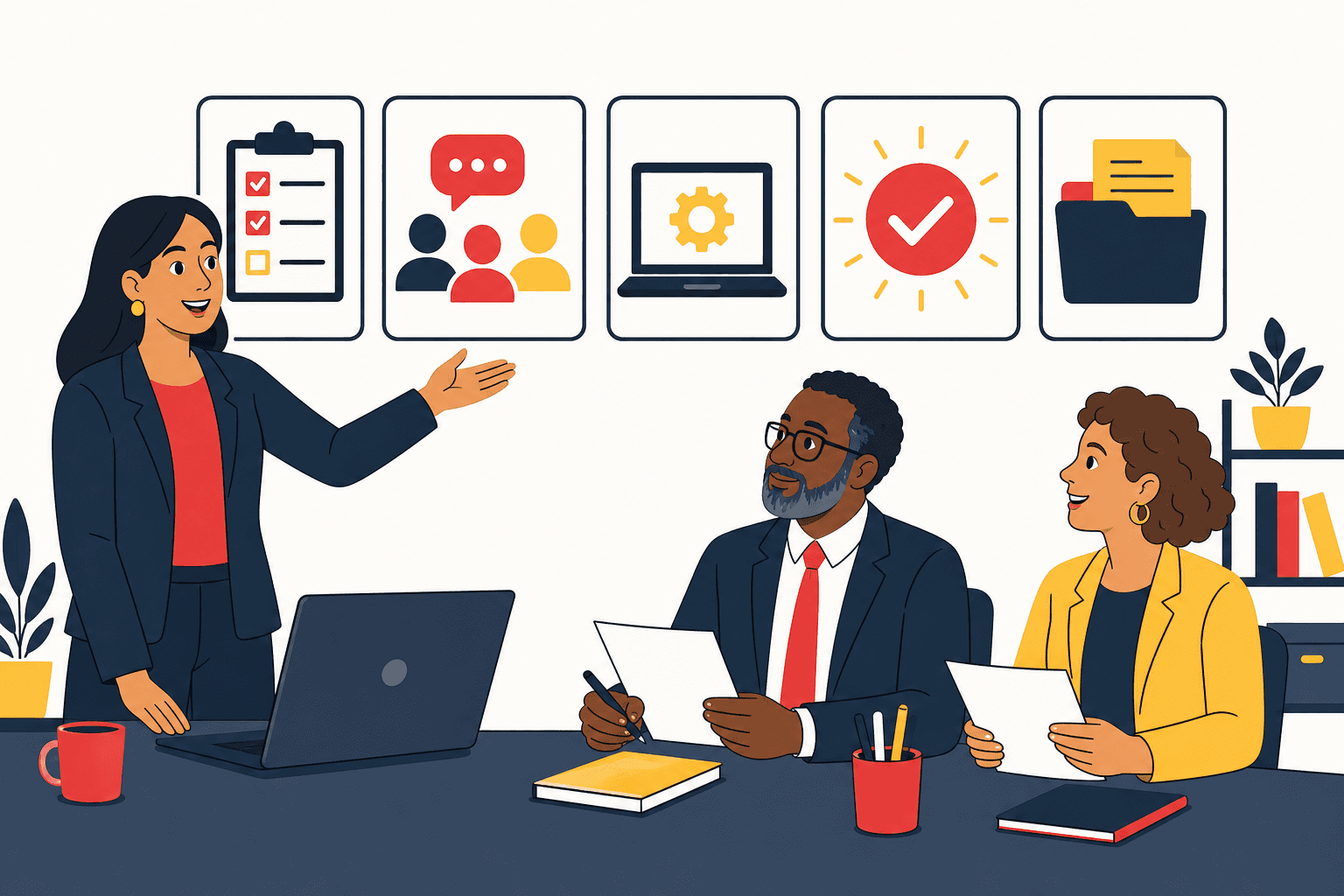 Équipe préparant la structure d'une session de formation à distance en cinq étapes