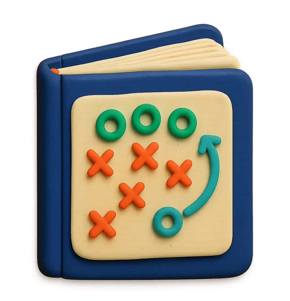 An illustrated playbook with a blue cover, featuring a strategy diagram with circles and crosses.