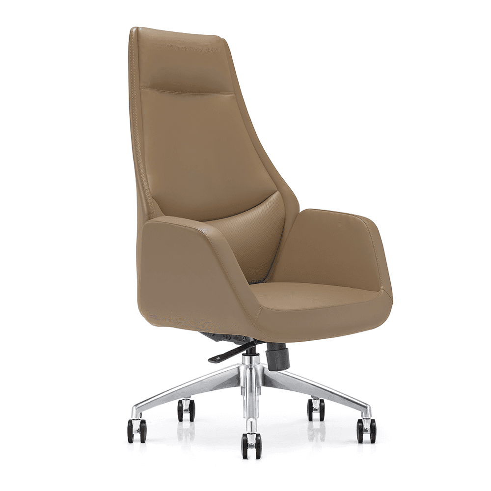 Modern high-back executive office chair in tan leather with integrated armrests and a polished aluminum five-star swivel base with casters.