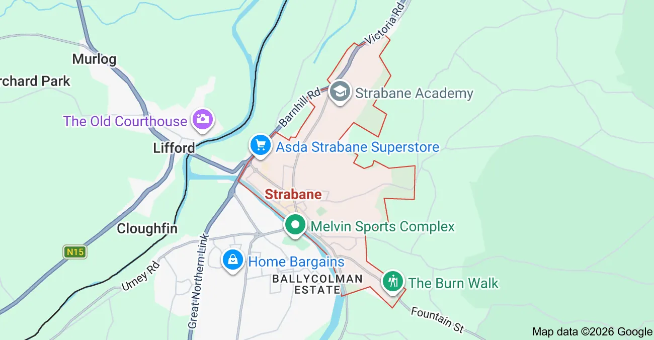 Map showing Strabane, Lifford, and surrounding areas.