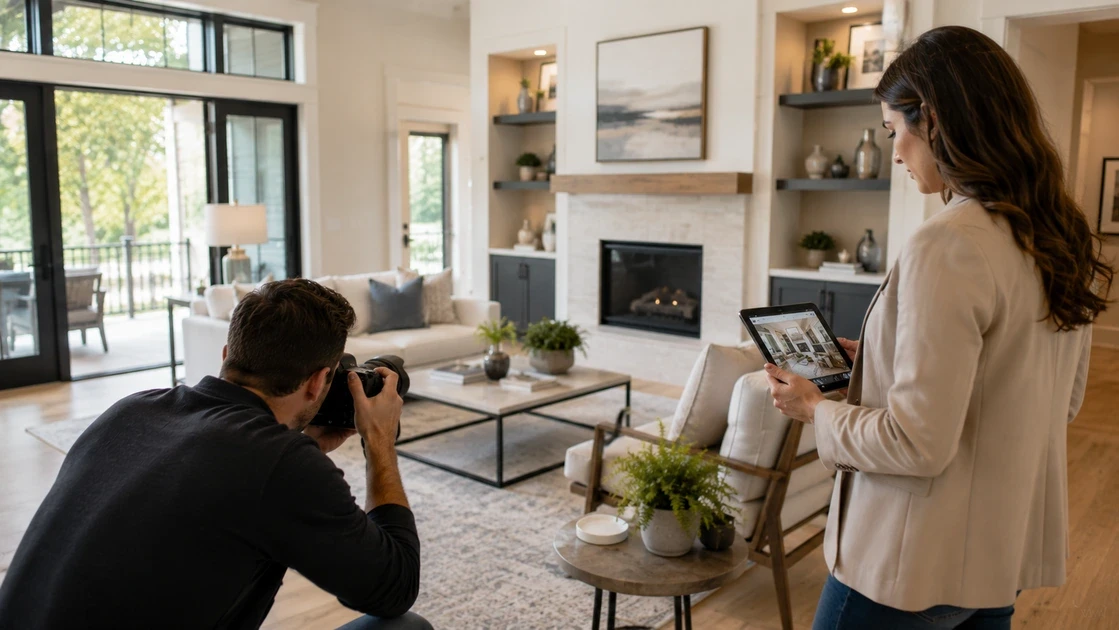 A professional real estate photographer capturing a bright living room while an agent reviews the shots on a tablet.