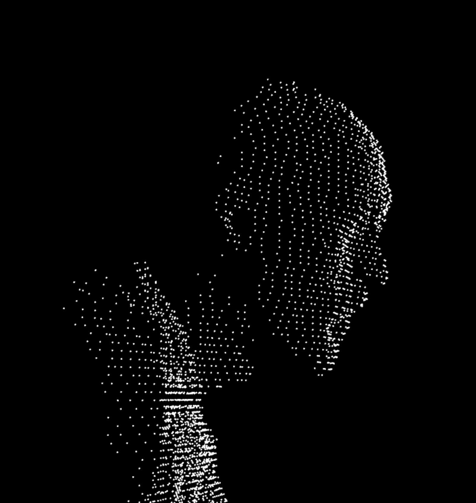 Abstract silhouette of a human head and torso formed by scattered white dots on black background.